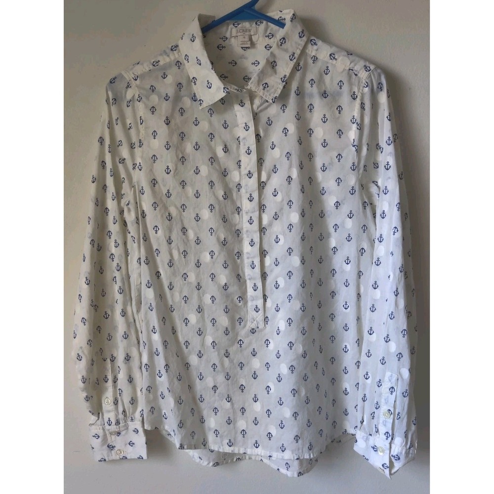 J. Crew Shirt Womens Size S Cream Anchor Print Polka‎ Dot Sheer Cotton Nautical